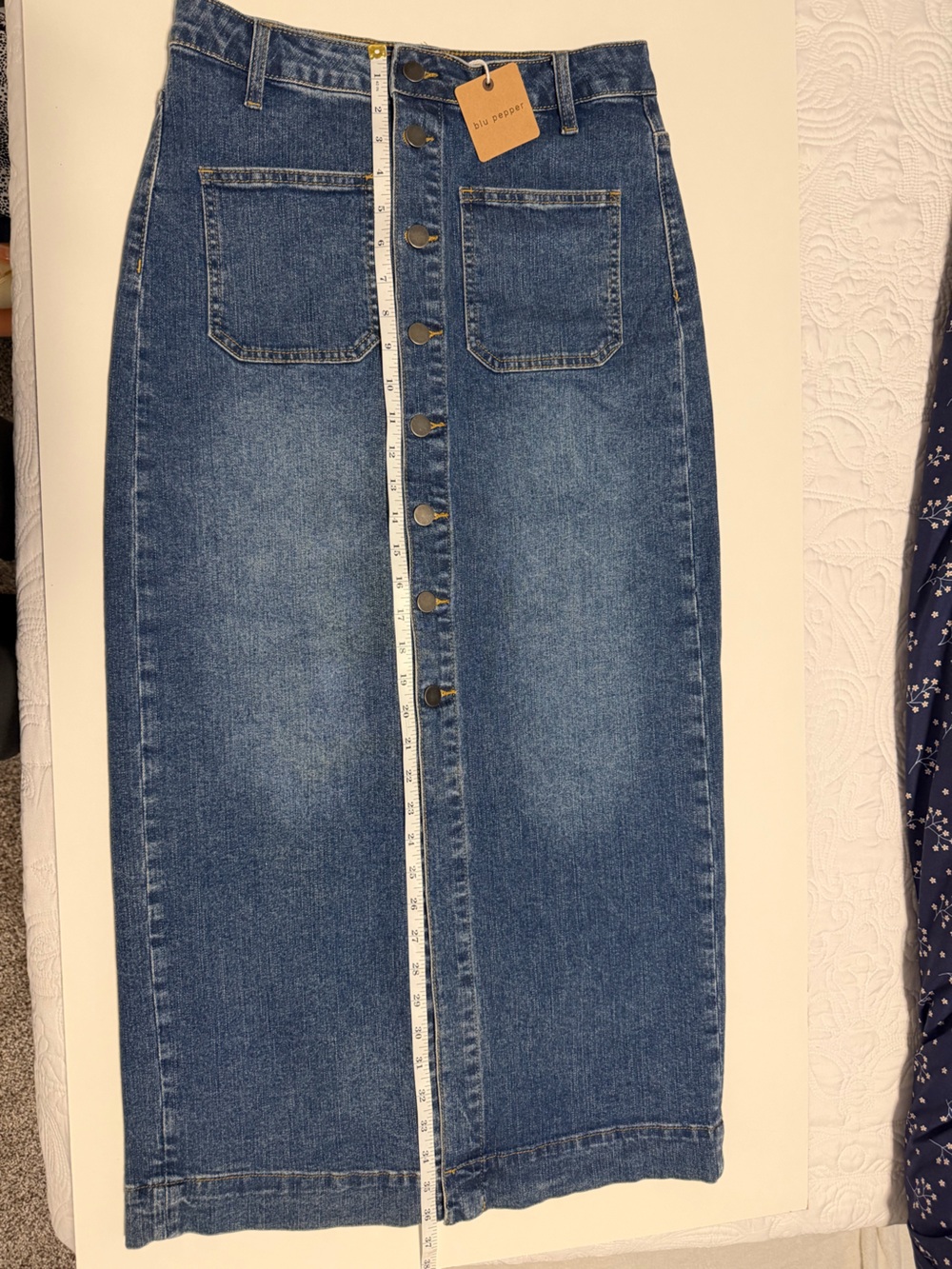 Blu Pepper Blue Denim Jean Skirt with Gold Stitching